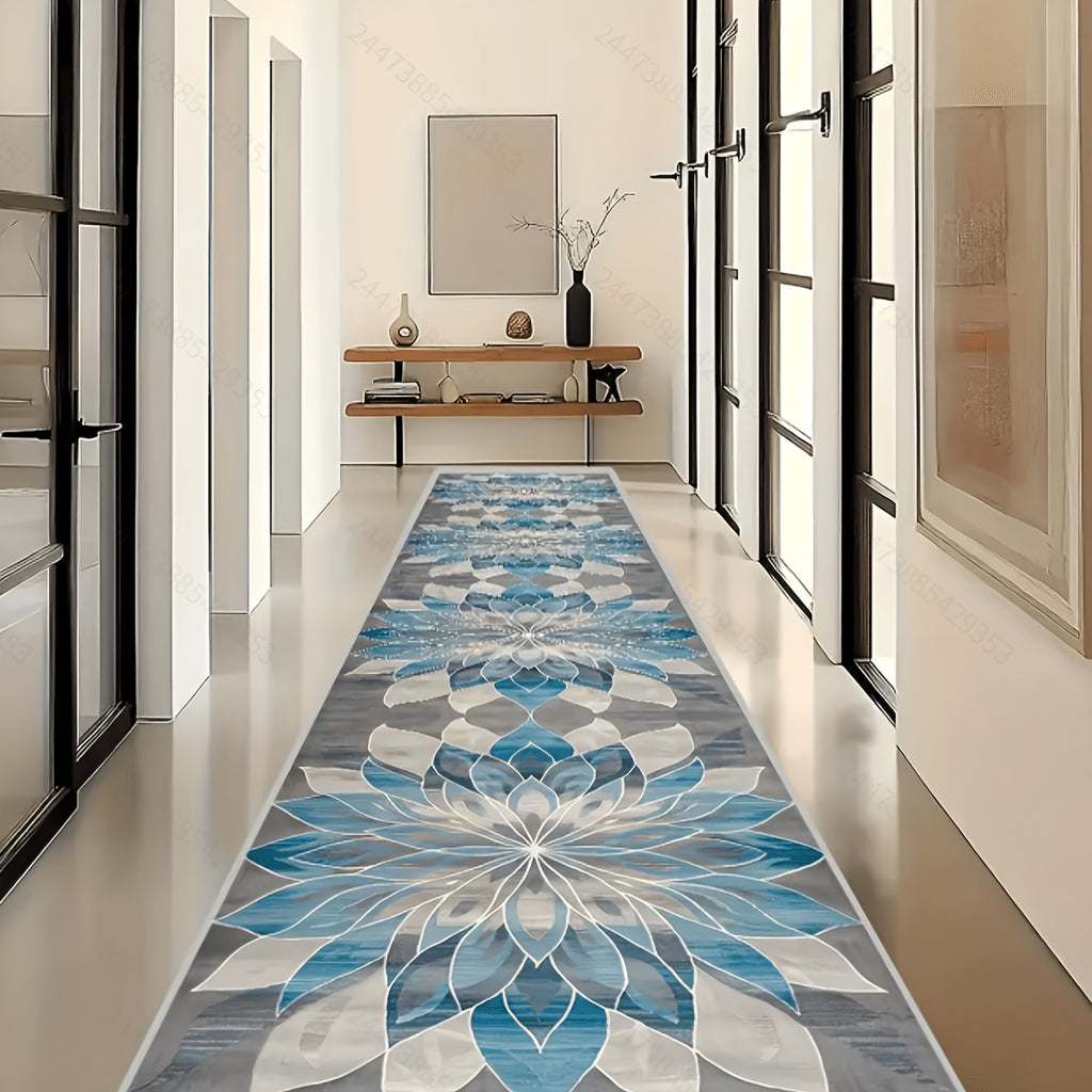 Runner Rug for Hallway Entryway Staircase - Floral European Lotus Pattern, Anti-Slip Machine Washable Long Corridor Mat, 3 Sizes, Teal Grey