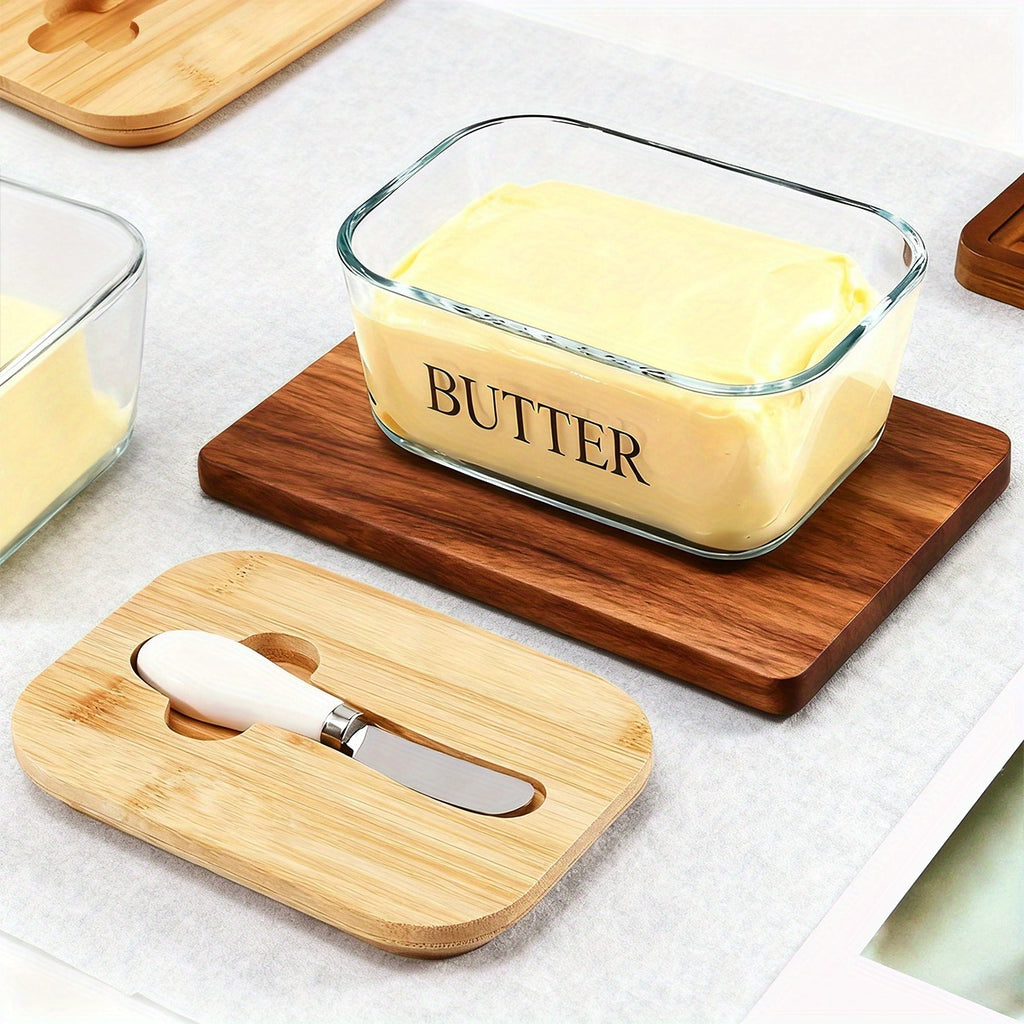 Glass Butter Dish with Lid & Knife, Large 1lb Capacity Butter Keeper with Airtight Seal for Countertop & Refrigerator Shelf, Clear Butter Container for Kitchen Decor, Great Housewarming Gift