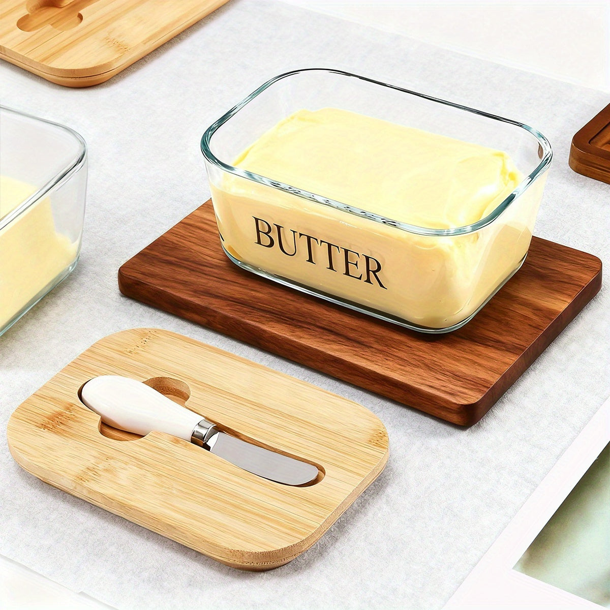 Glass Butter Dish with Lid & Knife, Large 1lb Capacity Butter Keeper with Airtight Seal for Countertop & Refrigerator Shelf, Clear Butter Container for Kitchen Decor, Great Housewarming Gift