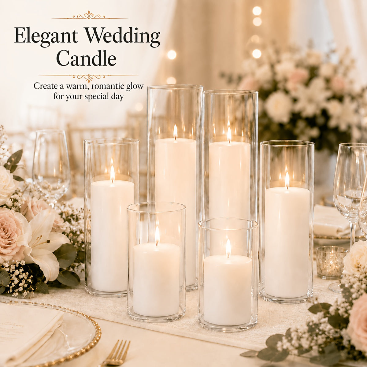 White Pillar Candles with Clear Glass Hurricane Candle Holders – Elegant Cylinder Vases for Wedding Centerpieces, Parties, Home & Office Decor, Table Decorations