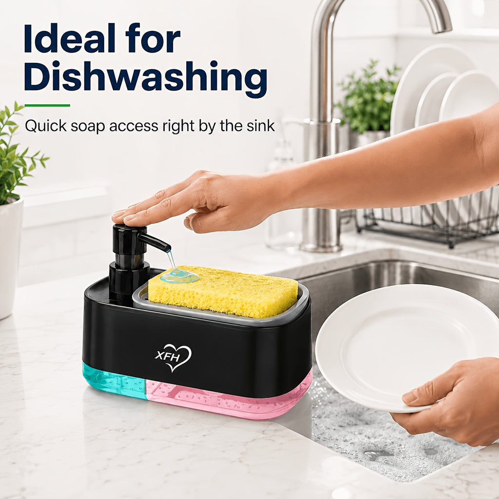 Kitchen Soap Dispenser with 2 Sponges & Dish Brush Holder | BPA-Free Refillable Transparent Pump Dispenser for Sink | Compact Square Design | Black or White