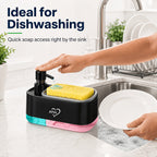 Kitchen Soap Dispenser with 2 Sponges & Dish Brush Holder | BPA-Free Refillable Transparent Pump Dispenser for Sink | Compact Square Design | Black or White