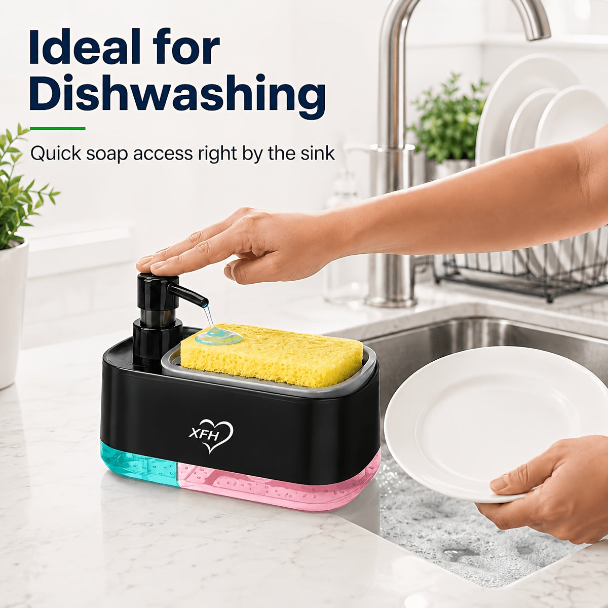 Kitchen Soap Dispenser with 2 Sponges & Dish Brush Holder | BPA-Free Refillable Transparent Pump Dispenser for Sink | Compact Square Design | Black or White