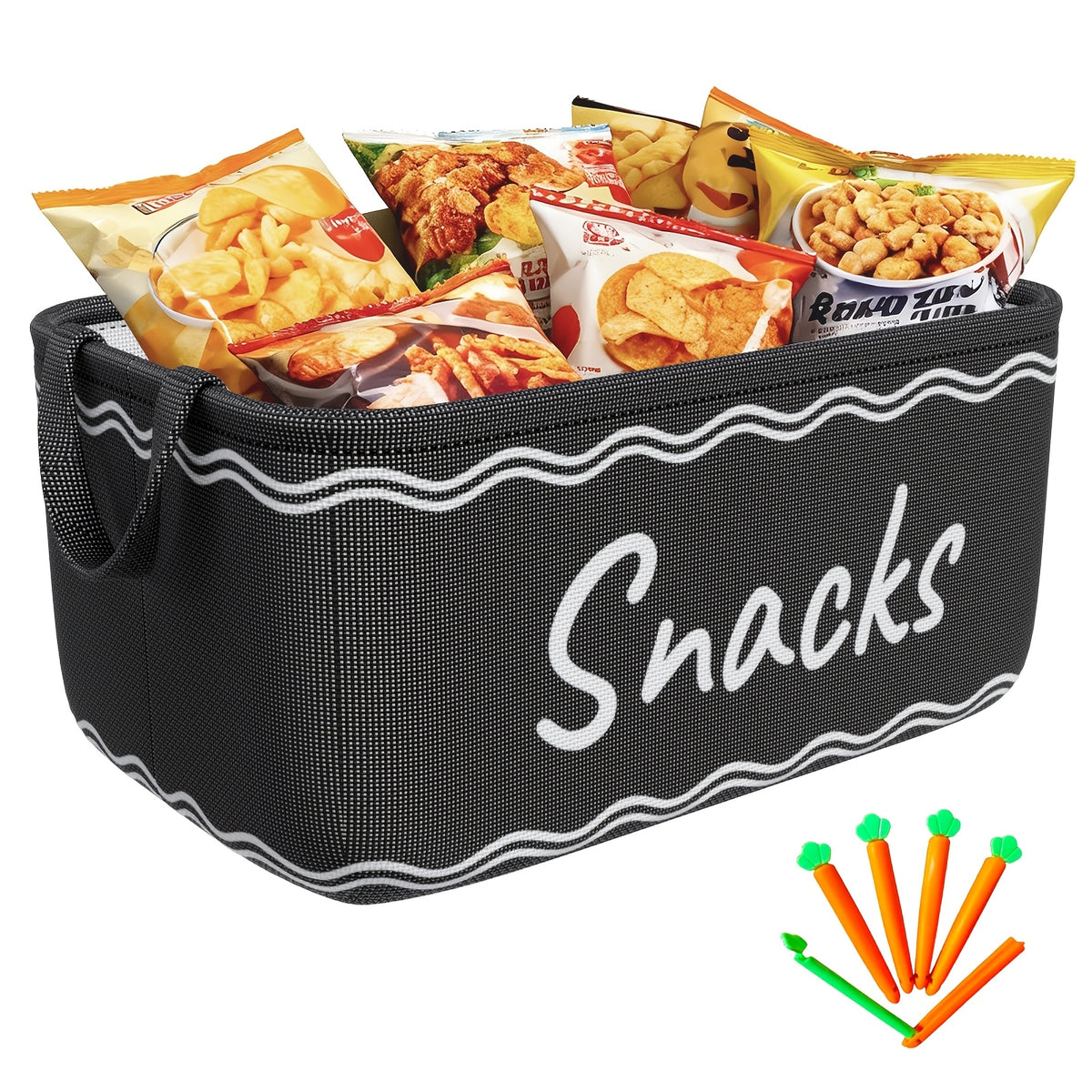 Large Snack Bin Organizer with 5 Chip Clips – Countertop Pantry Snack Basket for Chips, Pretzels, Cookies & Popcorn, Kitchen Organization Shelf Basket