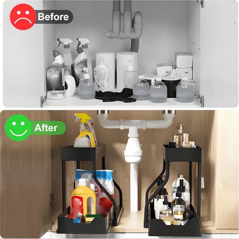 Under Sink Organizer 2-Tier Sliding Cabinet Basket with Hooks – Bathroom Kitchen Under Sink Storage Shelf Rack Organizer