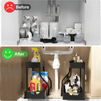 Under Sink Organizer 2-Tier Sliding Cabinet Basket with Hooks – Bathroom Kitchen Under Sink Storage Shelf Rack Organizer