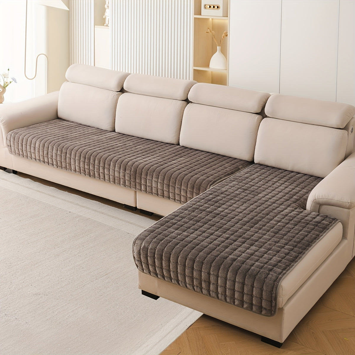 Quilted Short Plush Sofa Protector Set of 2 Ultra Soft Thick Non-Slip Sofa Mat – Pet Friendly, Machine Washable, Fits 3-Seater Sofa, Chaise & Bed Chair, Contemporary Home Decor