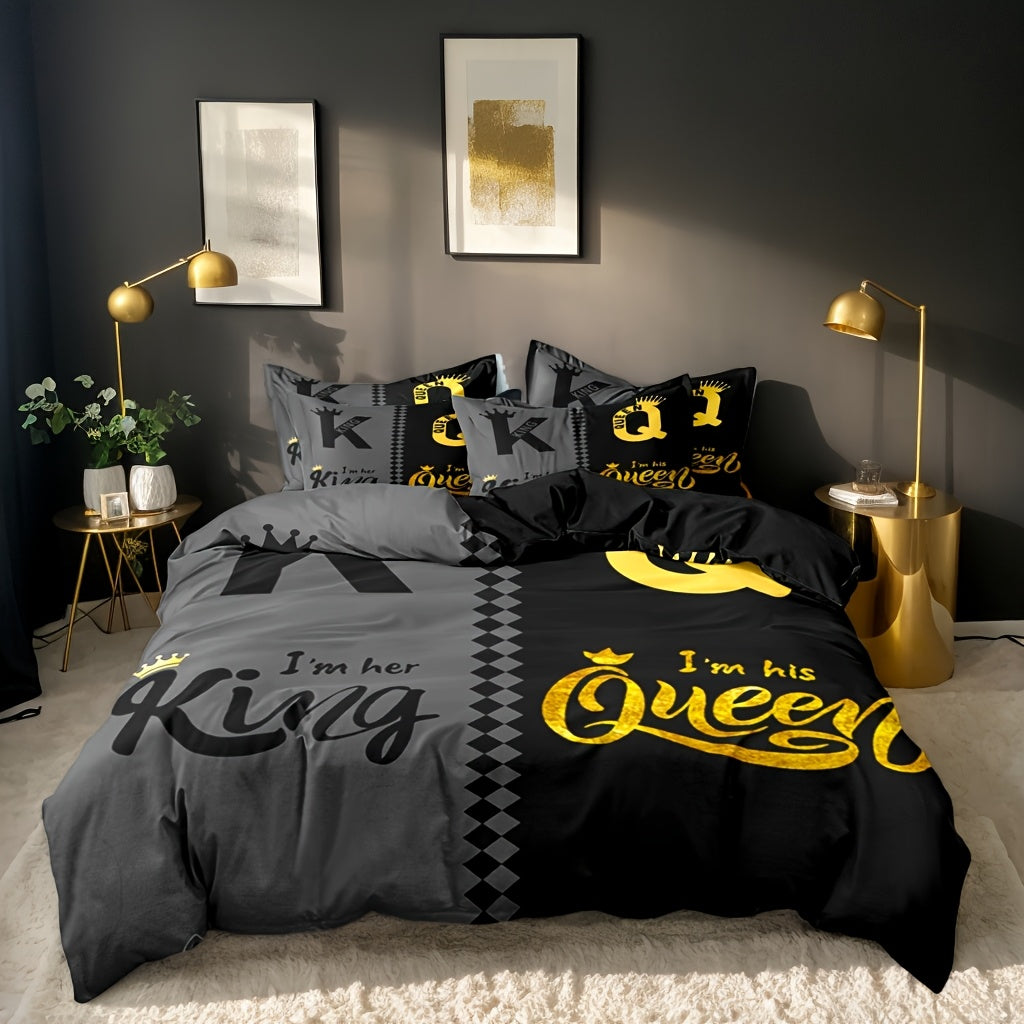 Valentine's Day Duvet Cover Set 3pcs – Crown Queen & King Print Soft Breathable Polyester Bedding, Machine Washable, Includes Duvet Cover & 2 Pillow Covers, Romantic Gift for Couples
