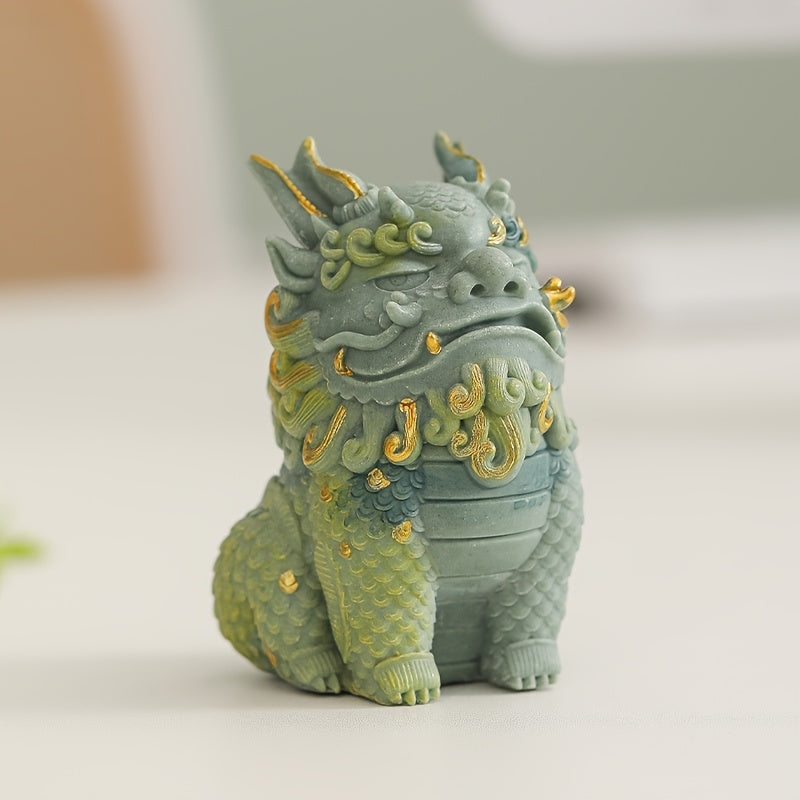 Pixiu Statue Wealth & Blessings Stone Figurine with Golden Floral Designs – Feng Shui Mythical Creature Decorative Sculpture for Living Room, Cabinet, Office & Home Display Gift