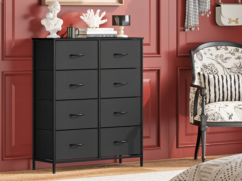 Fabric Storage Chest of 8 Drawers – 4 Independent Sections, Sturdy Metal Frame & Wood Tabletop, Bedroom Dresser for Closet, Living Room & Entryway | White & Brown
