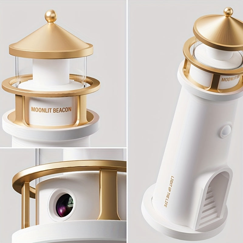 Moon Lighthouse Night Light with Projector & Motion Sensor, USB Rechargeable or Plug-In Moonlight Lamp with Auto-On Body Sensor, Decorative Bedroom Night Light & Unique Home Decor Gift