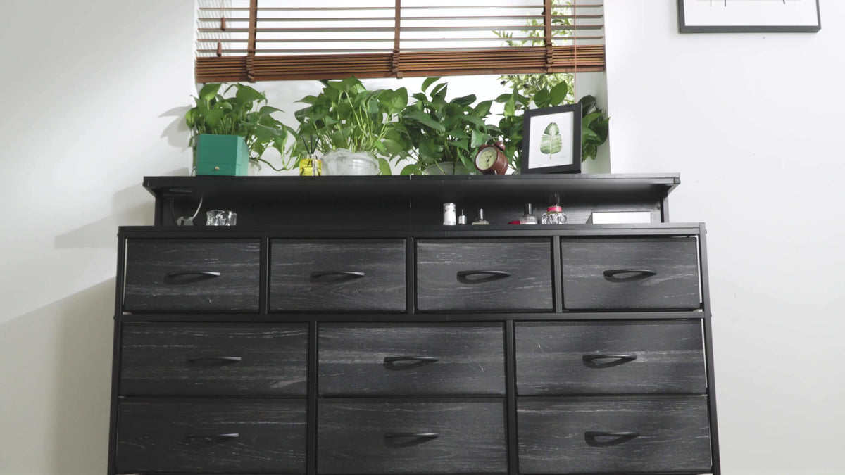 55" Wide Dresser for Bedroom with 10 Drawers, LED Lights & Power Outlets – Long Storage Chest, TV Stand up to 65", Metal Frame + Wood Top, Built-in Charging Station, Tiger Print / Black Wood Grain