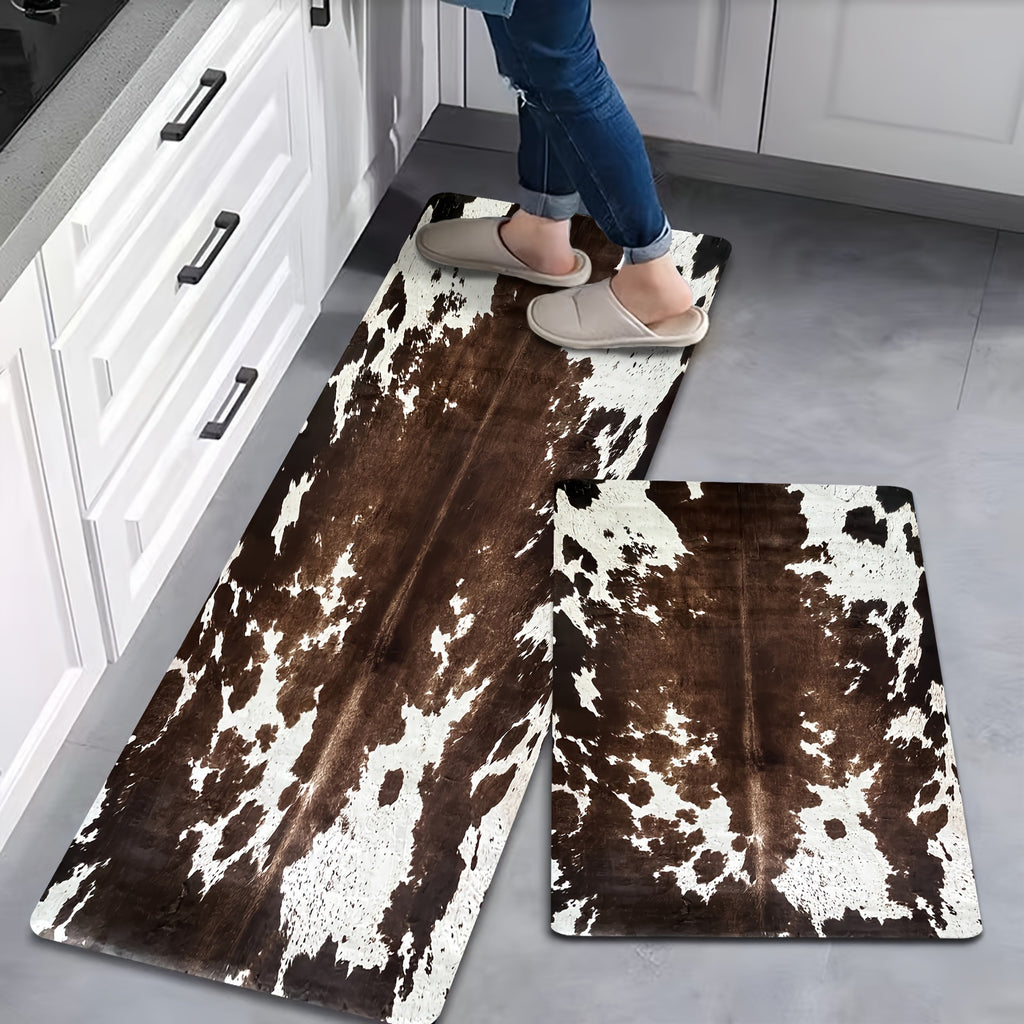 Cowhide Pattern Kitchen Mat Set 2pcs – Memory Sponge Anti-Fatigue Anti-Slip Floor Mats, Quick-Dry Animal Print Carpet for Kitchen Hallway Bathroom Laundry Room