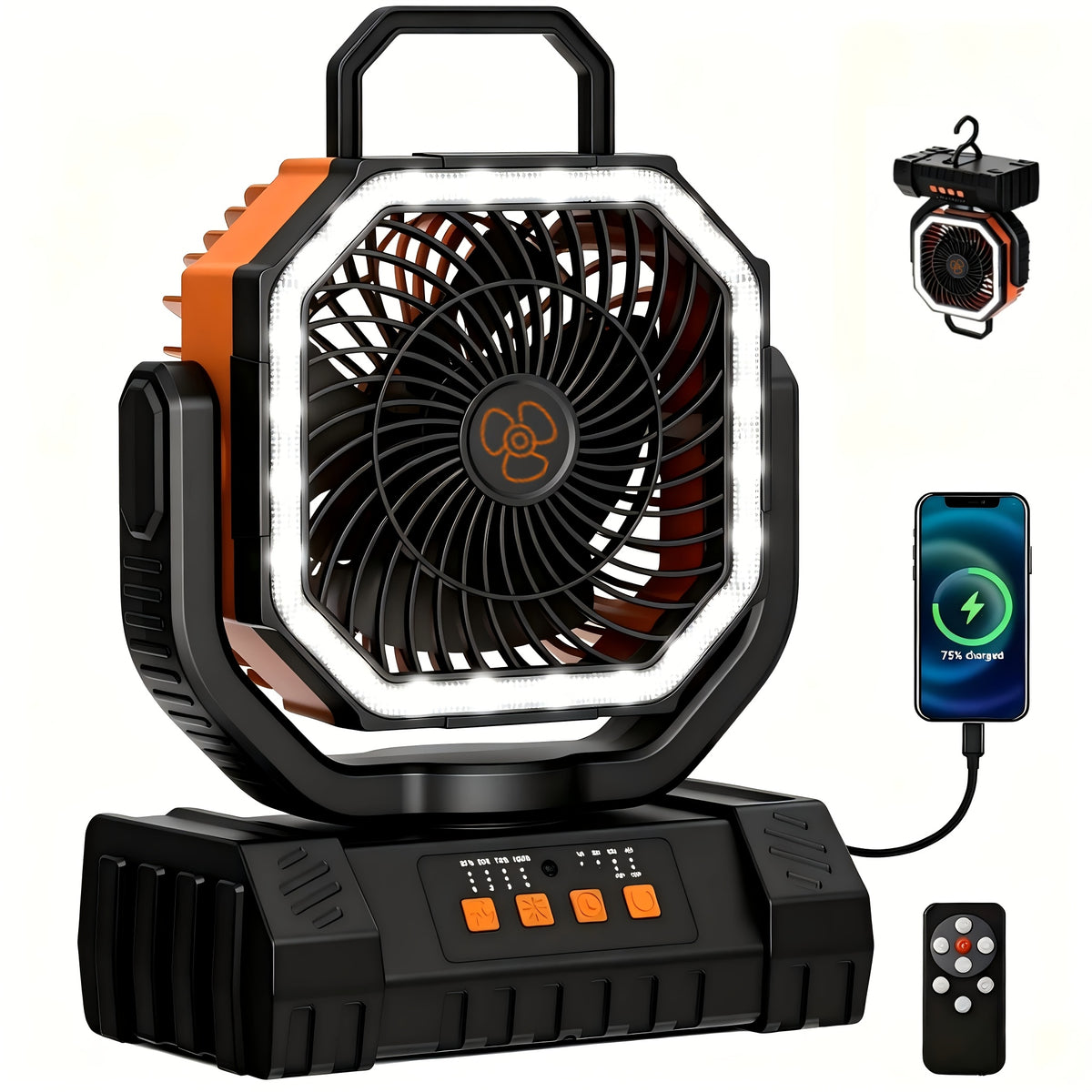 Camping Fan 20000mAh Rechargeable with LED Light, Remote Control, 270° Oscillation & Power Bank – 4 Speeds, 59-Hour Battery, 3 Use Modes