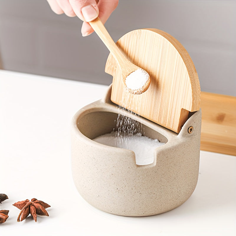 Ceramic Seasoning Pot Set with Tray Lid and Spoon Salt Pepper Spice Jars Kitchen Condiment Containers for Countertop Storage Set of 2 or 3