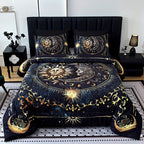 Sun Moon Planet Quilt Set 3 Piece – Golden Celestial Digital Print 180GSM Comforter with 2 Pillowcases, Soft Breathable Bedroom Dorm Decor Bedding King Size