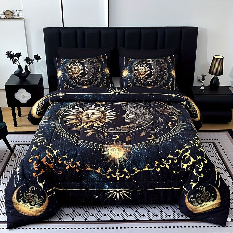 Sun Moon Planet Quilt Set 3 Piece – Golden Celestial Digital Print 180GSM Comforter with 2 Pillowcases, Soft Breathable Bedroom Dorm Decor Bedding King Size