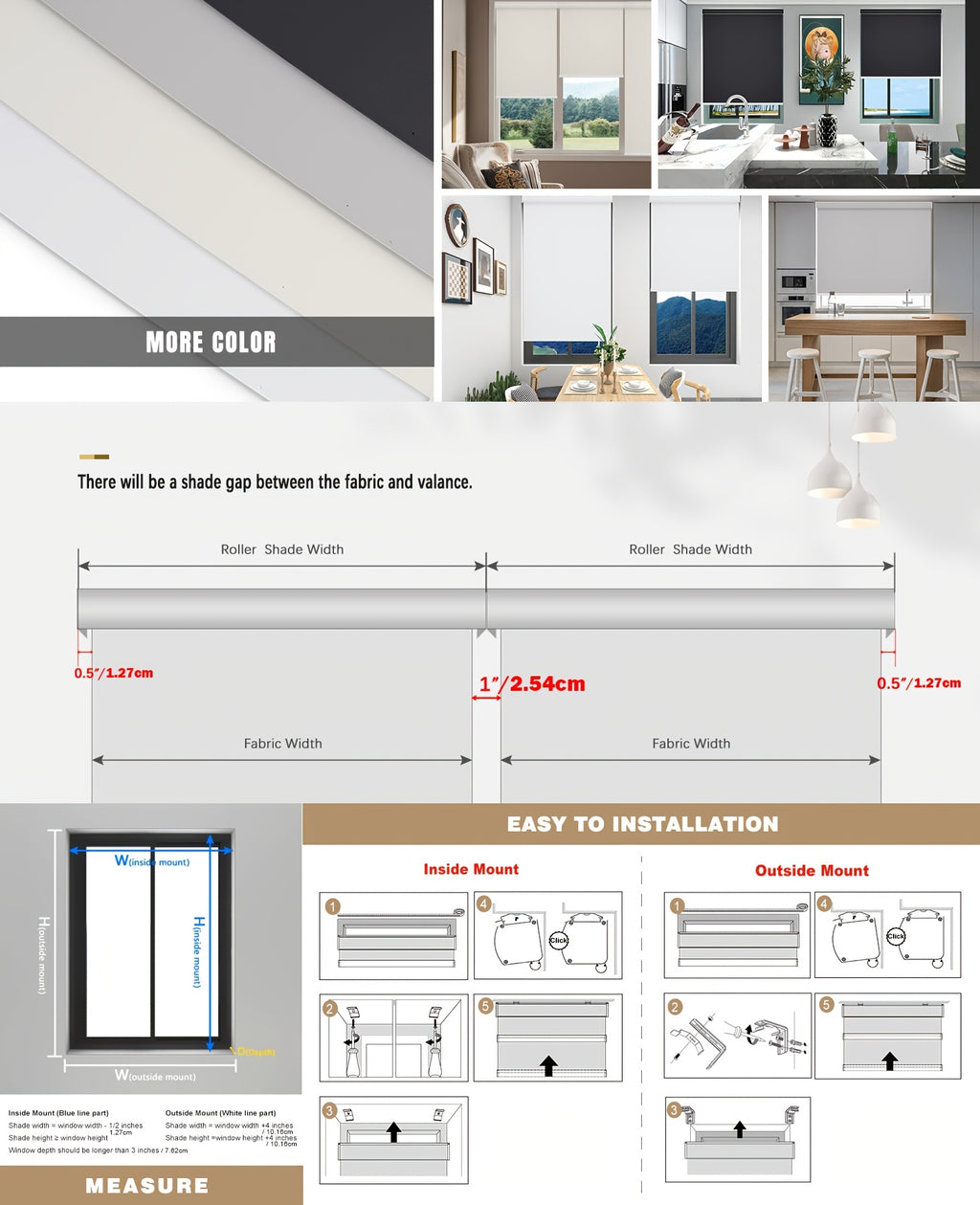 Blackout Roller Shades for Windows, Cordless Room Darkening Window Blinds, Thermal Insulated UV Protection, Easy Install for Bedroom Living Room Office