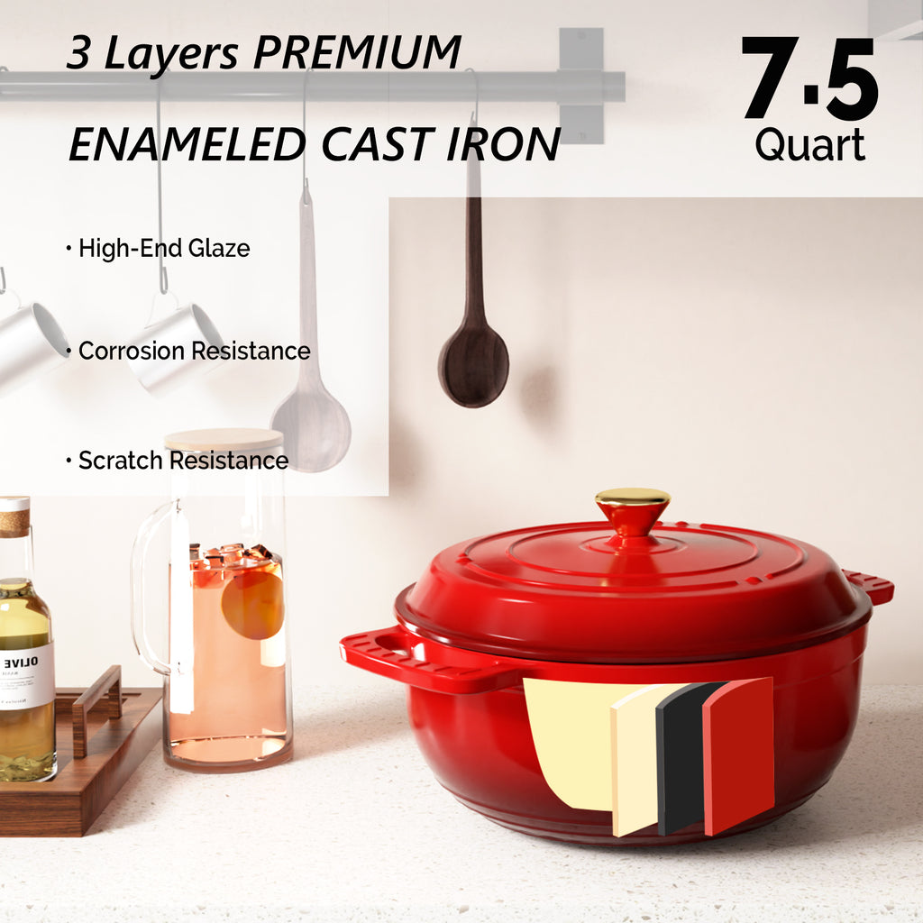 Dutch Oven 5QT 6QT 7.5QT Enameled Cast Iron Cookware with Lid Silicone Handles Oven Safe 500°F Bread Baking Stews Roasts Multiple Colors