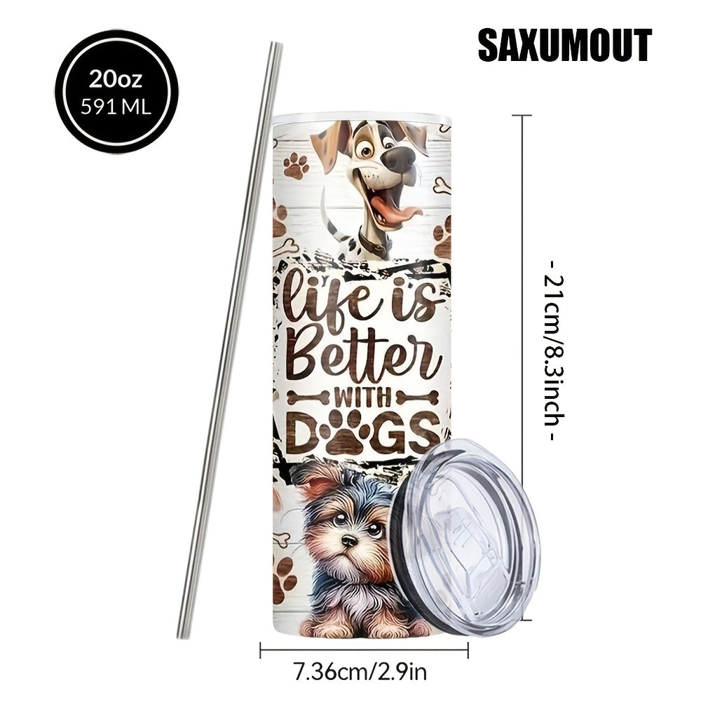 Stacked Dogs Graphic Insulated Tumbler 20oz - Stainless Steel Travel Cup with Lid & Straw for Hot & Cold Drinks, Cute Dog Lover Gift for Birthday, Halloween, Thanksgiving & Christmas