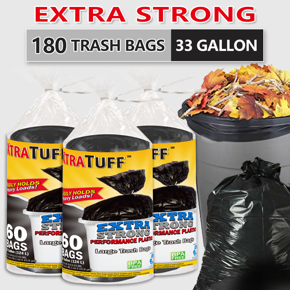 33 Gallon Trash Bags 180 Count 60 Bags Per Roll Tear Resistant Leak Proof Disposable Large Garbage Bags for Home Garden Industrial Commercial Use