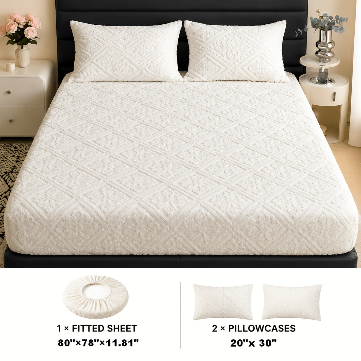 Embossed Fitted Sheet Set Super Soft Deep Pocket - European Texture Bed Sheets All Season, Machine Washable, Optional Pillowcases, Twin Full Queen King Sizes, 5 Colors Bedroom Bedding