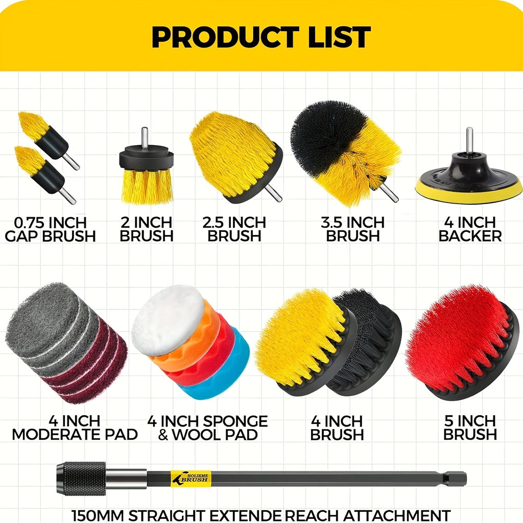 Drill Brush Attachments Set 20 Pack – Power Scrubber Brushes, Scrub Pads, Sponge & Buffing Pads with Extension Rod for Bathroom, Tile, Grout, Car Polishing, Kitchen & Shower Cleaning – Car Polishing Pad Kit