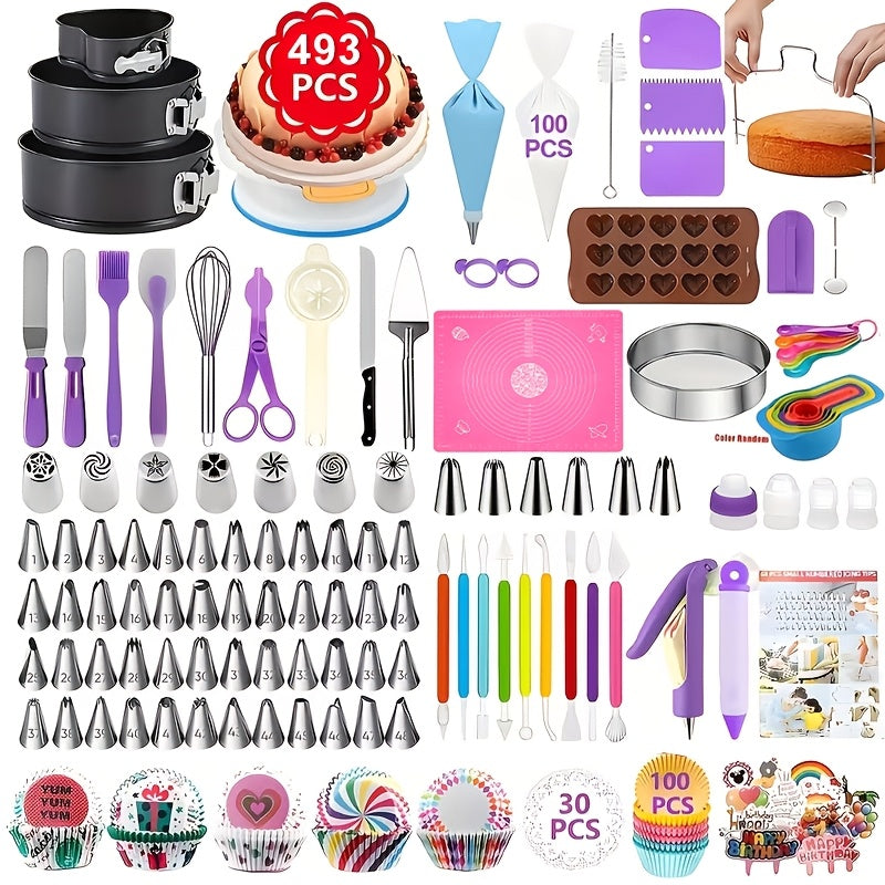 493 Piece Professional Cake Decorating Set with Rotating Cake Wheel & Reusable Piping Bags - Complete Baking Art Kit for Bakers Father's Day Gift