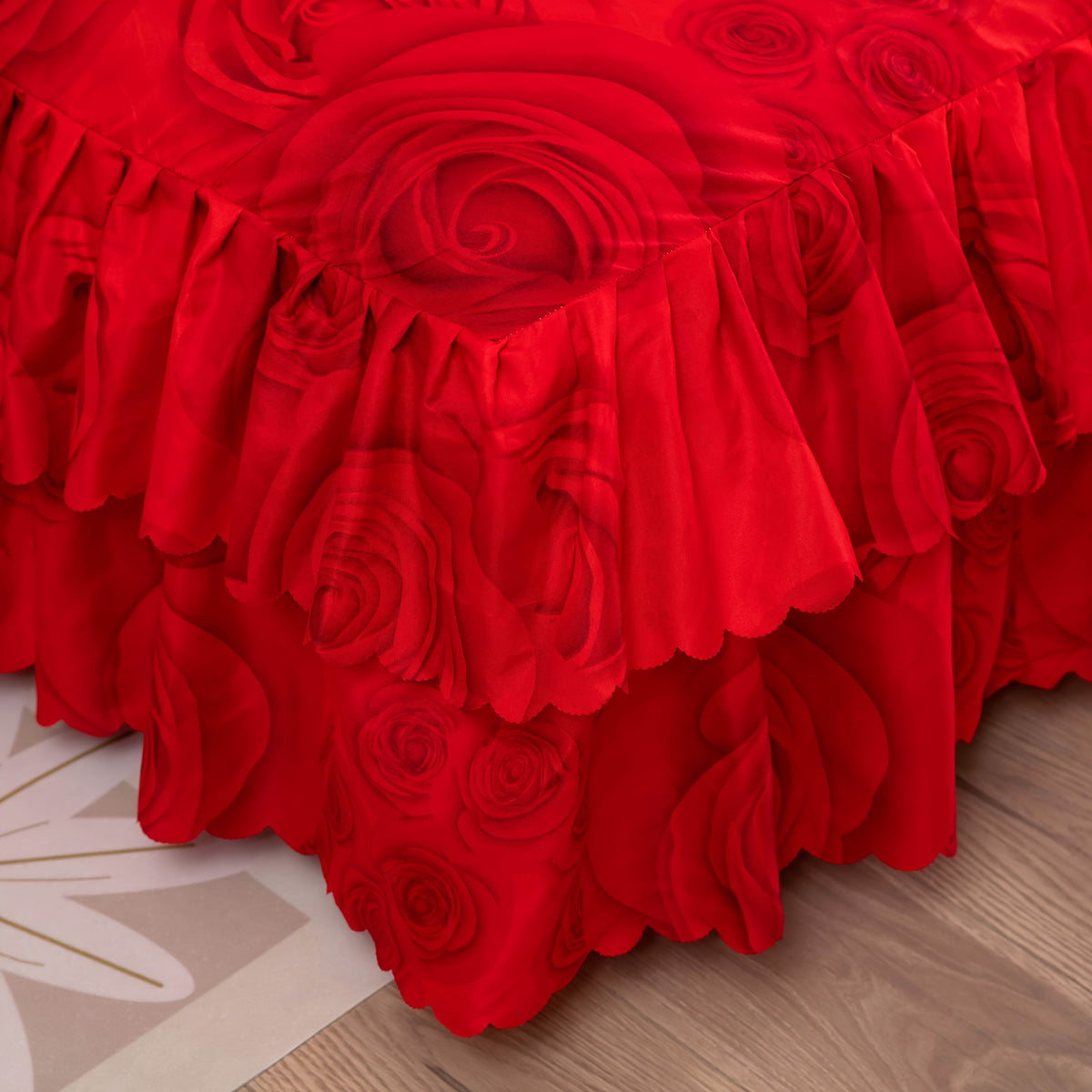 3-Piece Floral Bed Skirt Set with 2 Pillowcases, Non-Slip Lace Ruffle Bed Skirt, All-Season Polyester Bedding, Machine Washable, Bedroom & Guest Room Decor in Pink Rose, Purple Rose, Peony & More