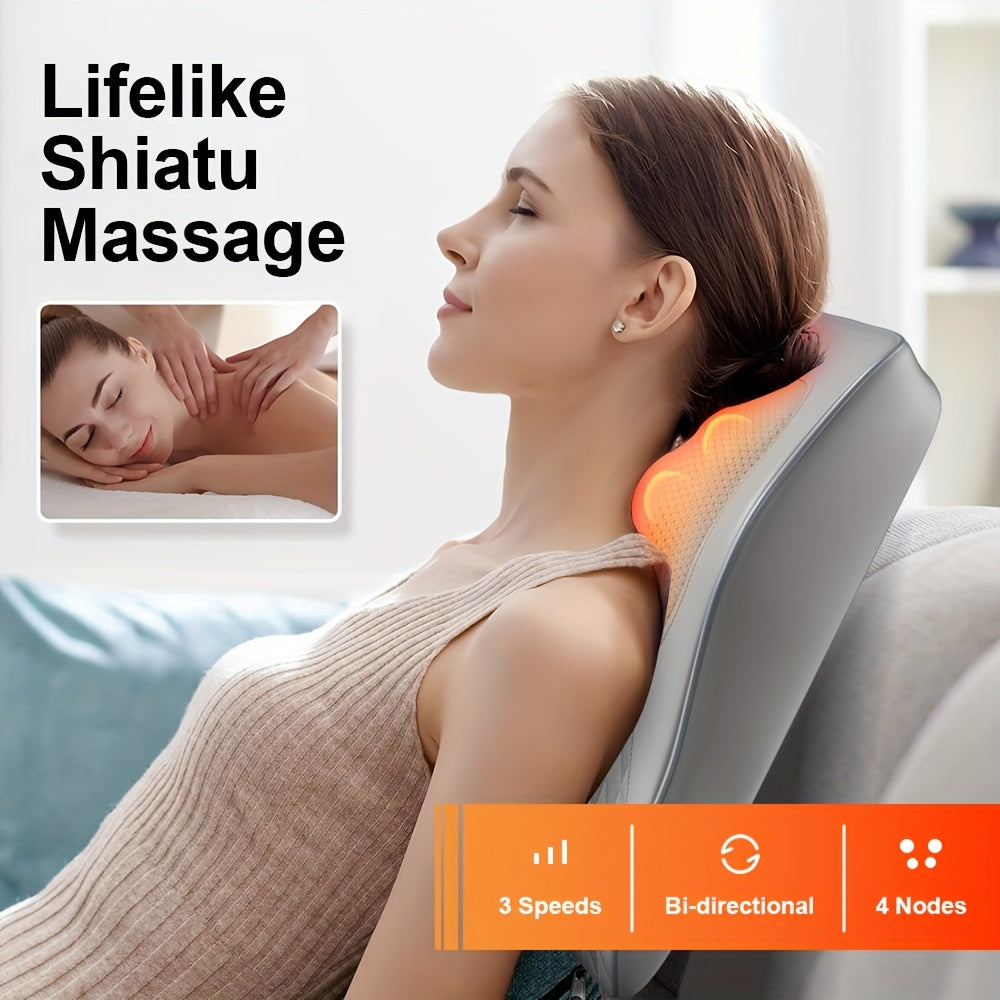 Rechargeable Shiatsu Back and Neck Massager with Heat – 3D Kneading Massage Pillow, USB Charging, Ergonomic Design for Deep Tissue Relief, Gift for Men Women Mom Dad Home Office Car Use