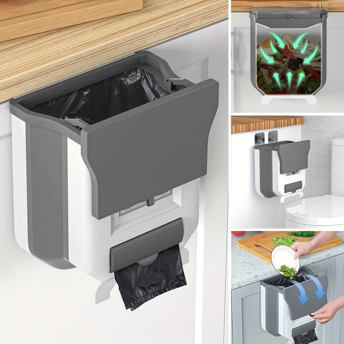Foldable Wall Mounted Trash Can 2.64 Gallon Space Saving Large Capacity for Kitchen Bathroom Bedroom Office Car RV Multi Use No Lid White Gray