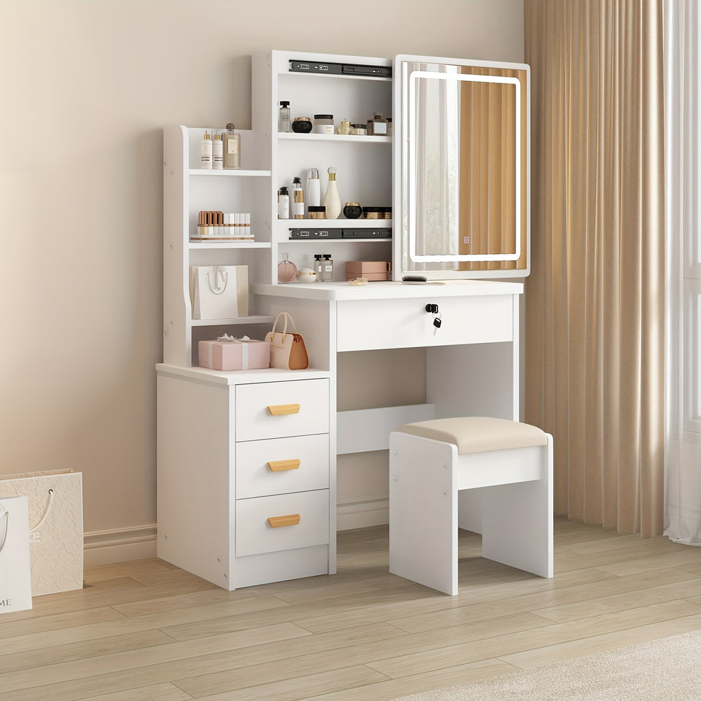 European Makeup Vanity Set with LED Lighting, Sliding Mirror, Drawers & Stool – 3 Color Modes Adjustable Brightness Bedroom Vanity Table White