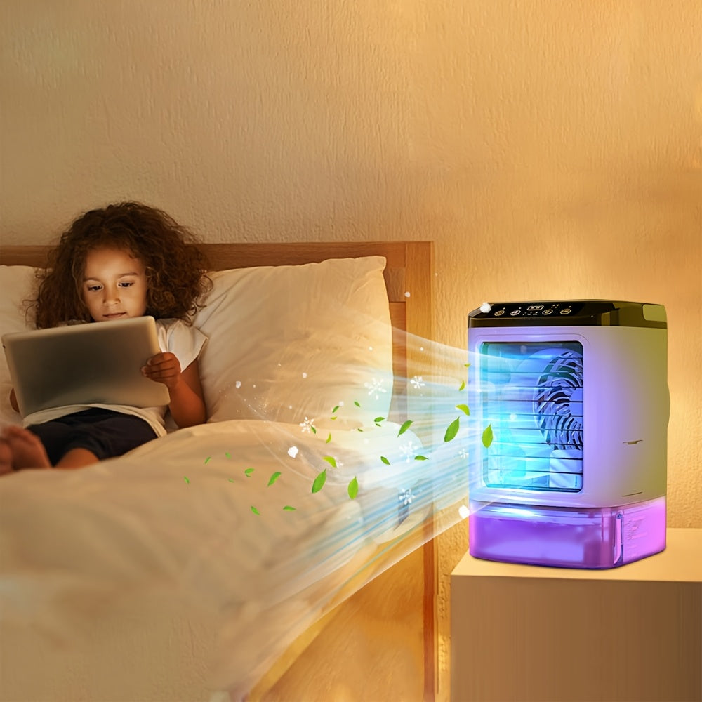 Fan Humidifier Combo USB Desk Mist Fan with Colorful LED Mood Lights Soundwave Technology 3-Speed Quiet Cooling Large Ice Box Carrying Handle Home Office Bedroom Gift