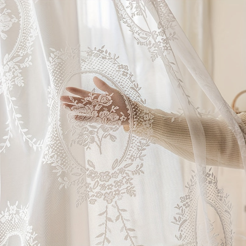 Sheer Curtains Embroidered Floral 2 Panels - White Gauze Pole Pocket Drapes, Sunlight Filtering Window Curtains for Living Room Bedroom Dining Room Balcony Wedding Decor
