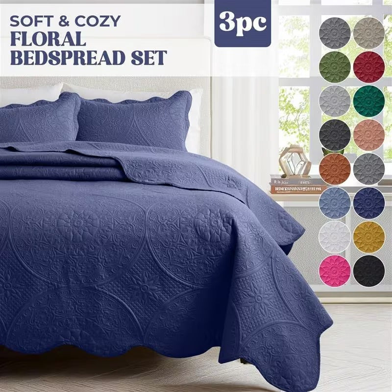 Luxury Quilted Bedspread Set 3 Piece Floral Coverlet with Pillow Shams Breathable Lightweight All Season - Twin Queen King California King 16 Colors