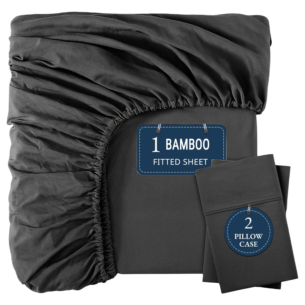 Bamboo Fitted Sheet Set 3pcs Cooling Breathable Soft Deep Pocket – 1 Fitted Sheet & 2 Pillowcases, Fits Mattress Up to 15", Twin Full Queen King, 12 Colors