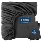 Bamboo Fitted Sheet Set 3pcs Cooling Breathable Soft Deep Pocket – 1 Fitted Sheet & 2 Pillowcases, Fits Mattress Up to 15", Twin Full Queen King, 12 Colors