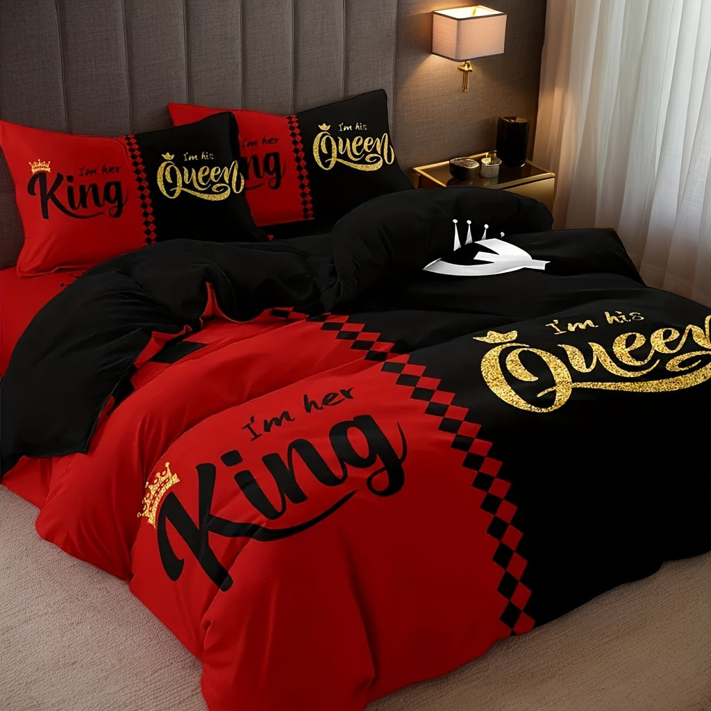 Valentine's Day Duvet Cover Set 3pcs – Crown Queen & King Print Soft Breathable Polyester Bedding, Machine Washable, Includes Duvet Cover & 2 Pillow Covers, Romantic Gift for Couples