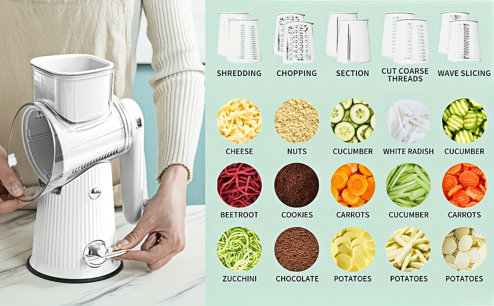 5-in-1 Rotary Cheese Grater with Interchangeable Blades, Suction Cup Base & Handle – Manual Vegetable Slicer Shredder for Cheese, Fruits, Nuts & Vegetables – Easy Clean Kitchen Tool Set