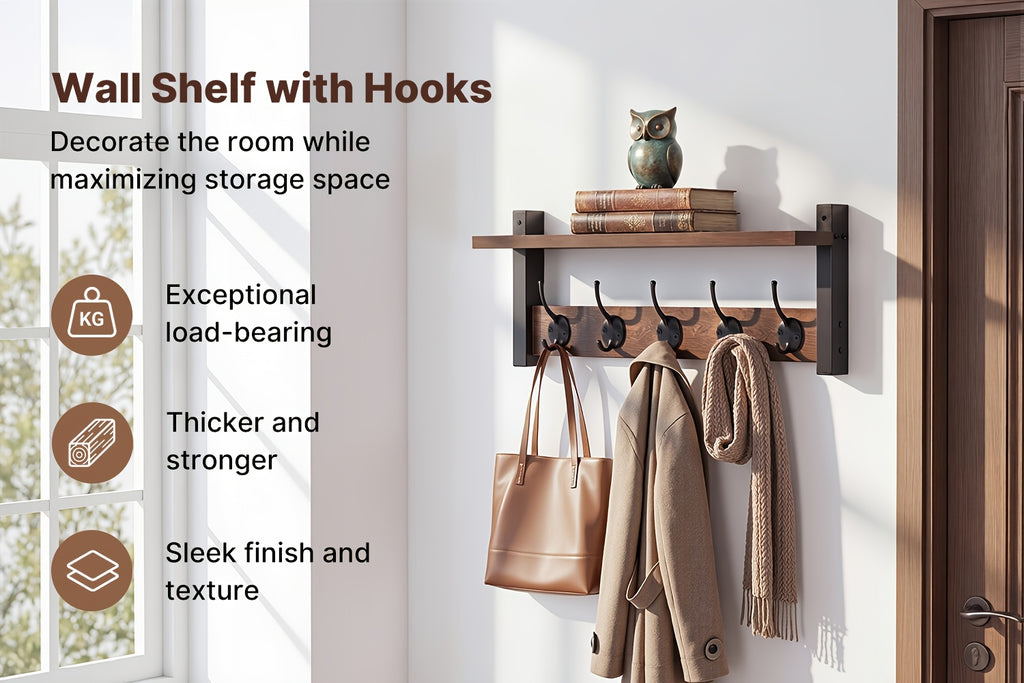 Wooden Wall-Mounted Shelf with 5 Hooks – Floating Coat Rack & Key Organizer for Entryway, Bedroom & Bathroom, Towel Hook Rail, Wall Storage for Kitchen & Living Room, Rustic Wood Hanging Shelf with Hooks