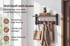 Wooden Wall-Mounted Shelf with 5 Hooks – Floating Coat Rack & Key Organizer for Entryway, Bedroom & Bathroom, Towel Hook Rail, Wall Storage for Kitchen & Living Room, Rustic Wood Hanging Shelf with Hooks