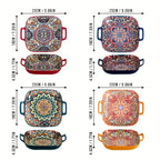 Bohemian Square Plate Set 4 Piece 9 Inch with Handles – Creative Ceramic Fruit & Pasta Dishes Microwave & Oven Safe – Aesthetic Boho Dinnerware Gift