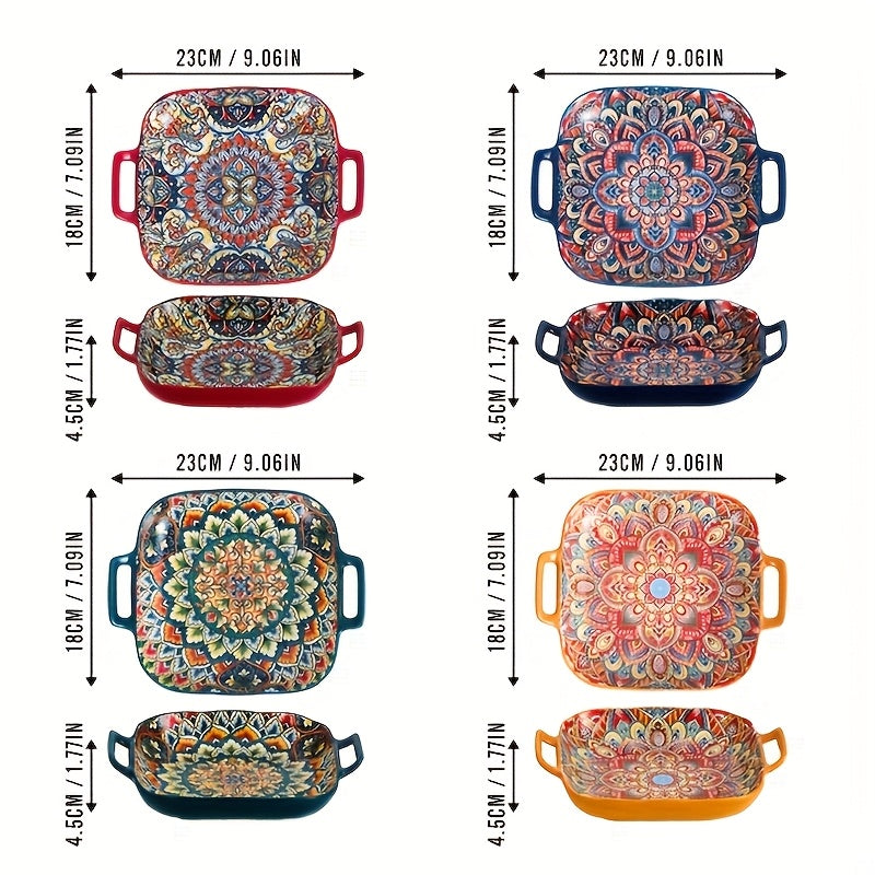 Bohemian Square Plate Set 4 Piece 9 Inch with Handles – Creative Ceramic Fruit & Pasta Dishes Microwave & Oven Safe – Aesthetic Boho Dinnerware Gift