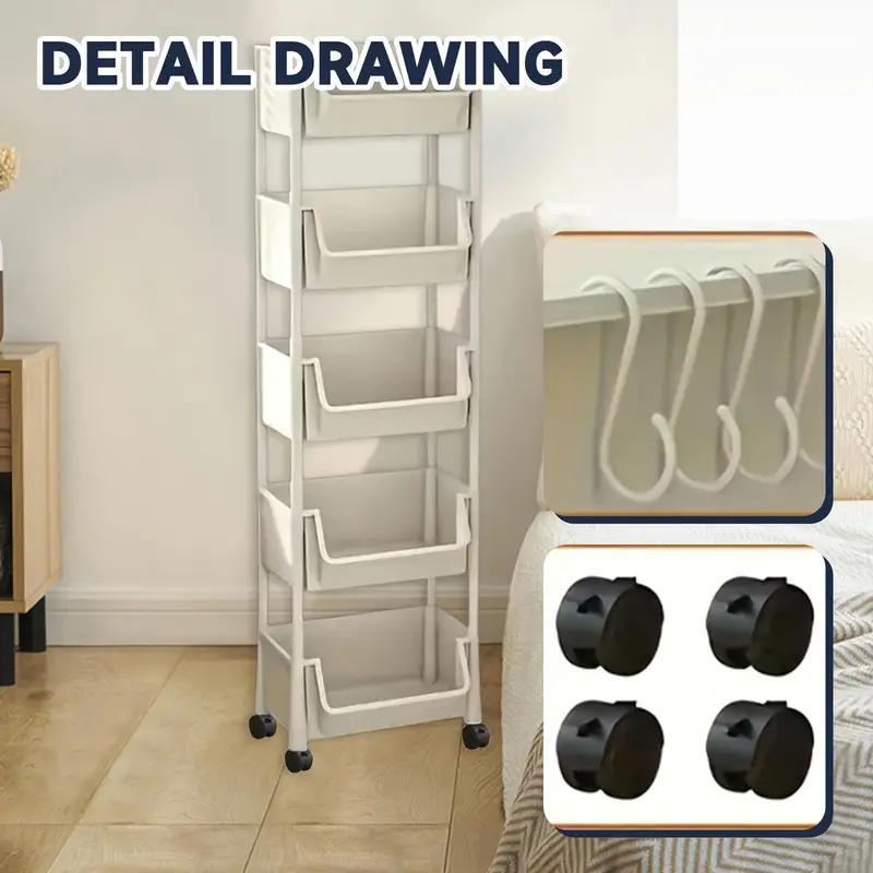 5-Tier Plastic Storage Rack with Lid & Hooks – Heavy-Duty Floor Standing Shelf Organizer for Kitchen, Entryway, Shoes, Books, Pots & Pans