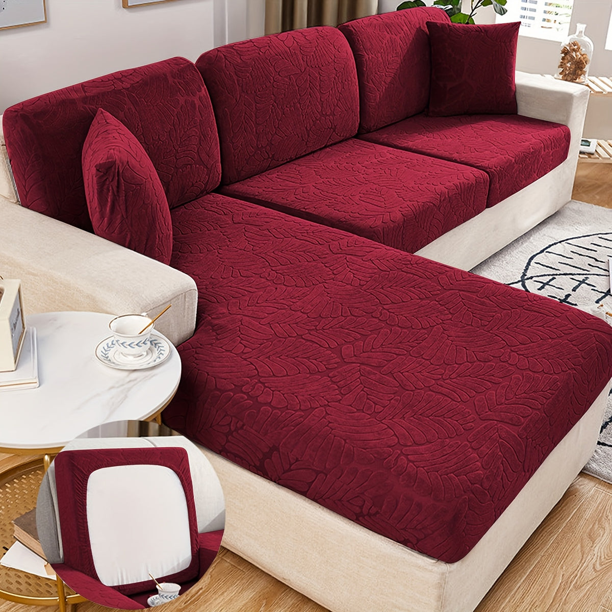 Green Plant Jacquard Sofa Cover Set 6 Piece High Elasticity Stretch Furniture Protector – Scratch Resistant Machine Washable Vintage Style – Beige, Burgundy, Green, Khaki, Grey