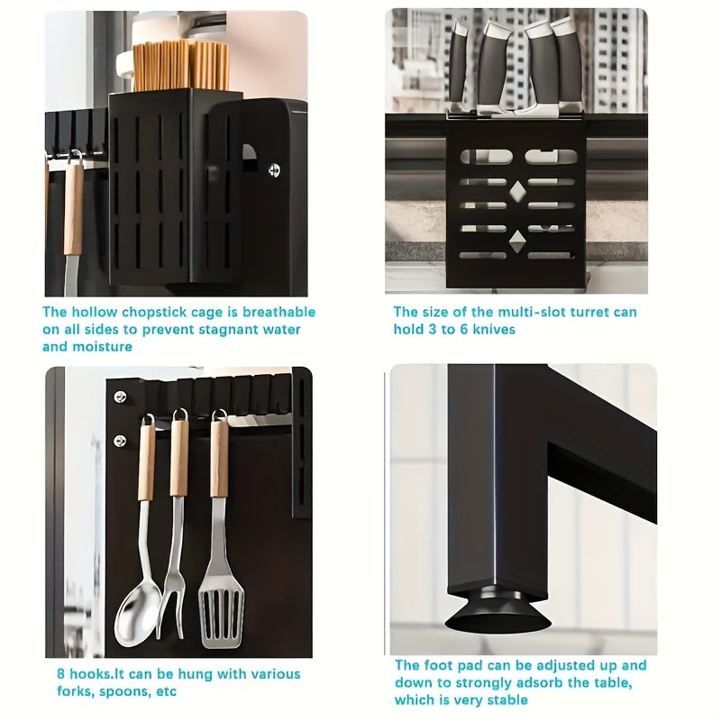 Multi-Tier Kitchen Sink Dish Drying Rack – Countertop Drainage Bowl & Chopstick Storage Shelf, Dustproof Black Kitchen Organizer, 32.68 Inch
