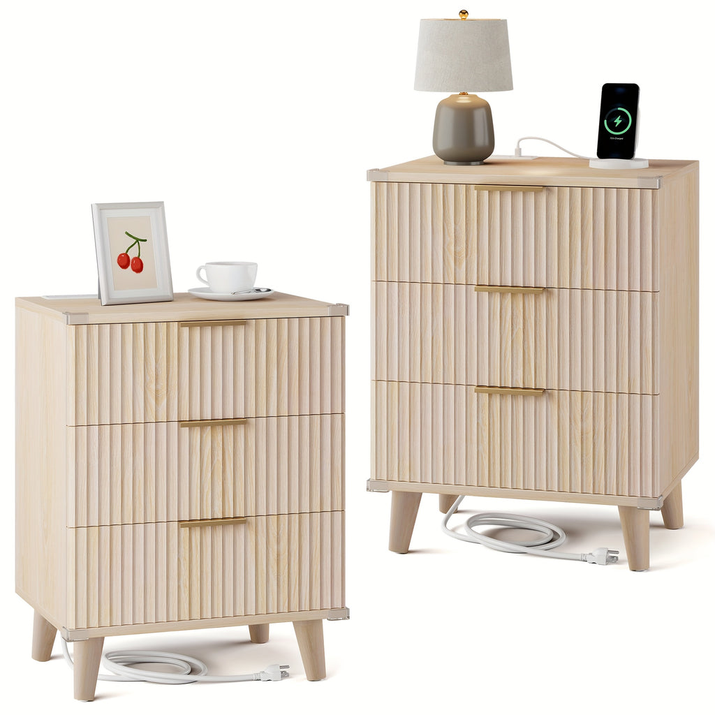 Nightstand with Charging Station – 3-Drawer Bedside Table with 2 USB Ports & 2 AC Outlets, Small Bedroom Side Table | Set of 1 or 2 | Wood, Black, White, Brown
