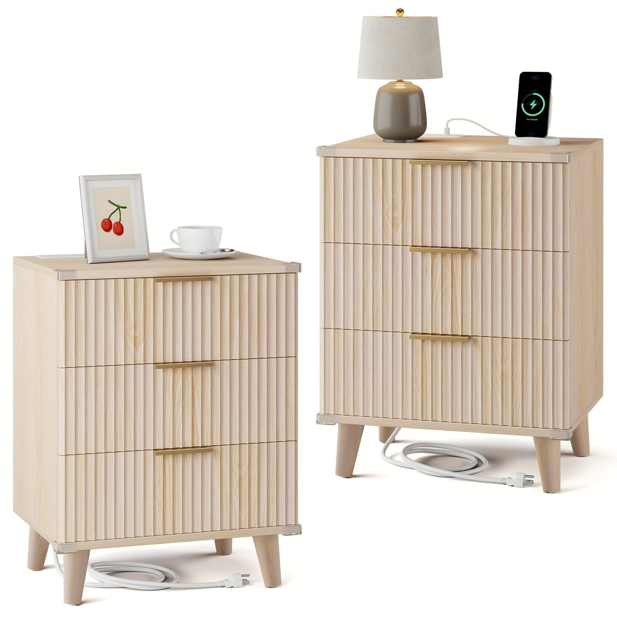 Nightstand with Charging Station – 3-Drawer Bedside Table with 2 USB Ports & 2 AC Outlets, Small Bedroom Side Table | Set of 1 or 2 | Wood, Black, White, Brown