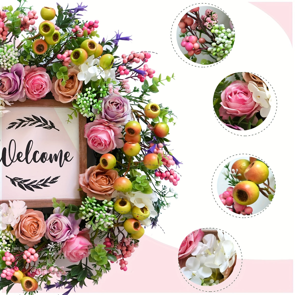 18 Inch Spring Summer Welcome Wreath for Front Door – Artificial Berry & Floral Decor with Welcome Sign, All Season Wall & Window Hanging, Mother's Day & Graduation Gift