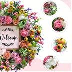 18 Inch Spring Summer Welcome Wreath for Front Door – Artificial Berry & Floral Decor with Welcome Sign, All Season Wall & Window Hanging, Mother's Day & Graduation Gift